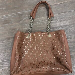 Brown Laser-Cut Tote Bag with Chain Straps